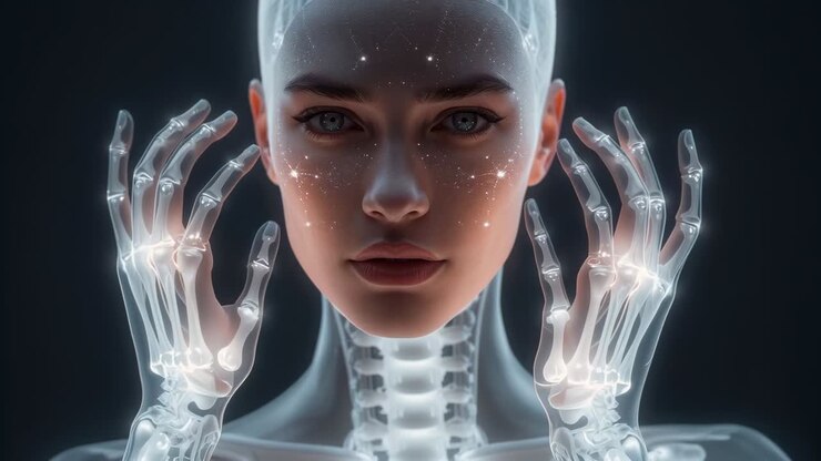 Play starting CGI woman turning right, rotating xray hands in studio, showing lit skull and lights