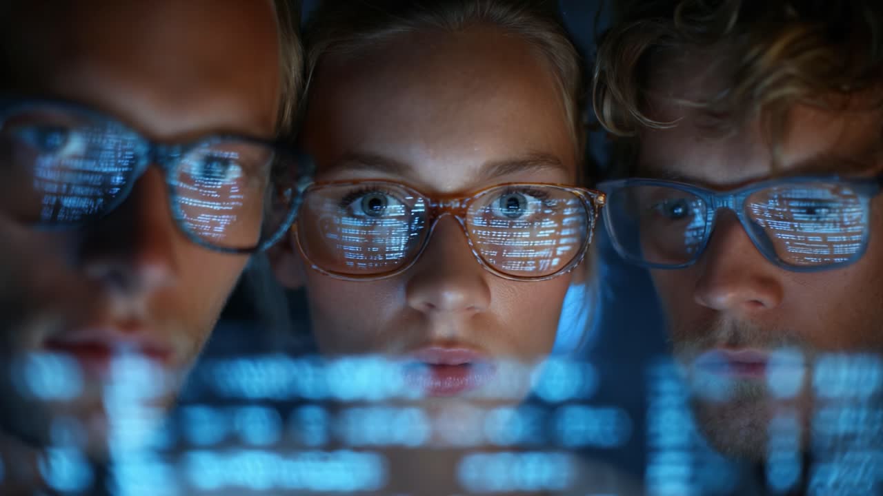 In a dimly lit environment, three focused individuals analyze complex data on a glowing screen, highlighting their intense concentration and teamwork in a technological setting
