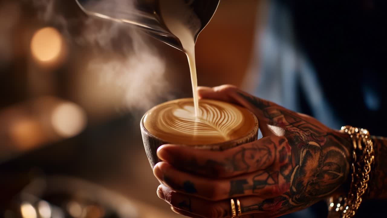 Artisan Barista Creating Intricate Latte Art with Steamed Milk in a Cozy Cafe, Showcasing Detailed Hand Tattoos and Beautifully Crafted Coffee Presentation