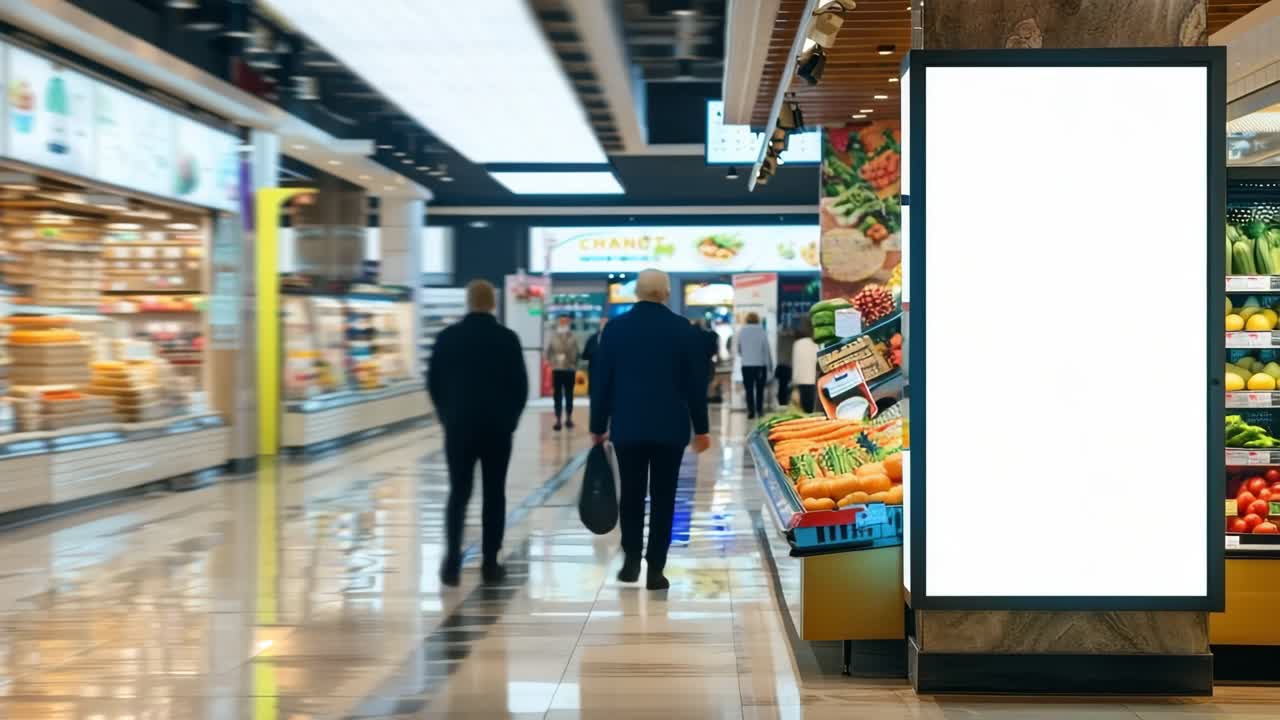 Tomada em grande angular de um corredor de supermercado com uma tela digital em branco, pessoas em desfoque de movimento