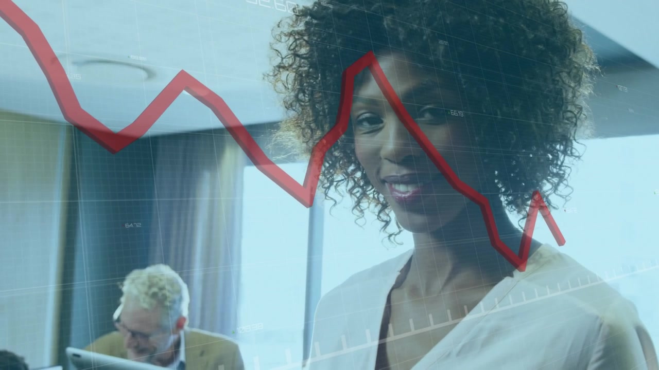 Animation of financial data processing with red line over businesswoman using tablet