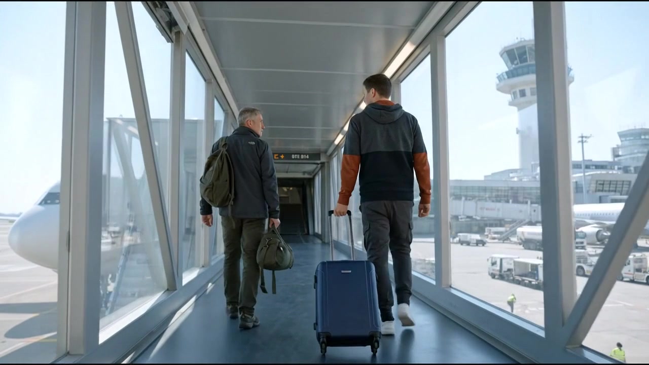Business Travelers Walking Through Modern Airport Terminal With Luggage
