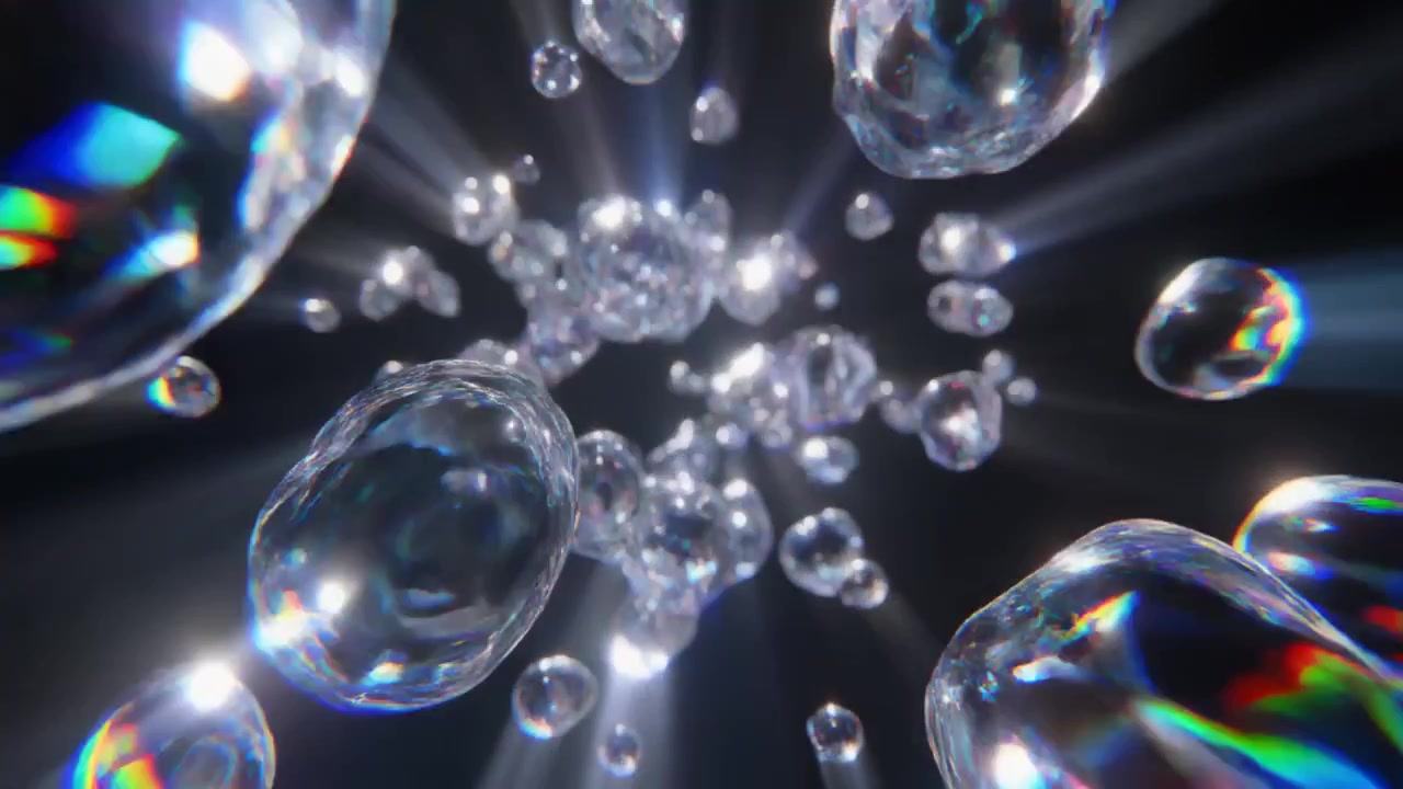 Sfere liquide astratte fluttuanti con rifrazione prismatica della luce