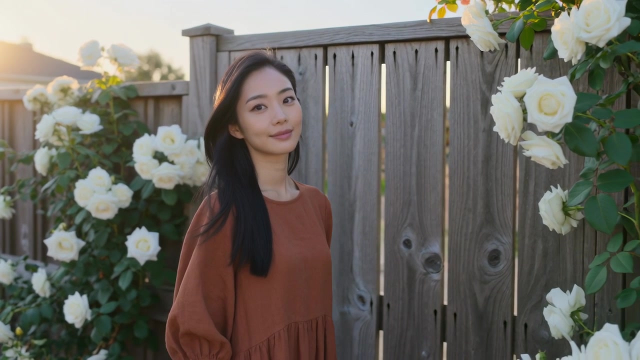 夕日を見ている女性が、バラのフェンスのそばの庭で顔を向け目を閉じ微笑んでおり、錆色のドレスと細いチェーンを身につけている。