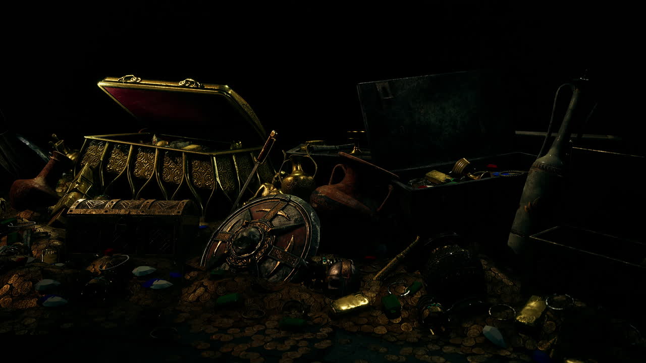 mysterious opened old wooden treasure chest with light