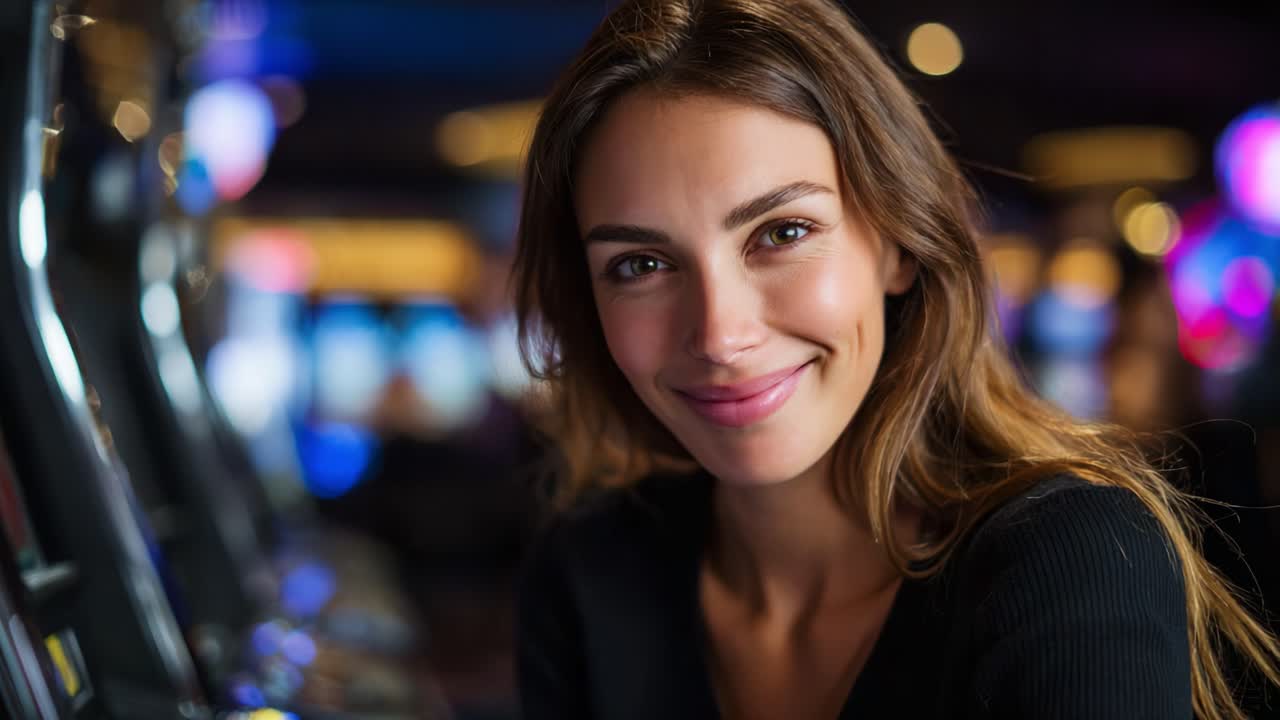 Um momento alegre capturado: uma mulher sorridente aproveita seu tempo em uma máquina caça-níqueis de um cassino, irradiando felicidade em um ambiente de jogos vibrante