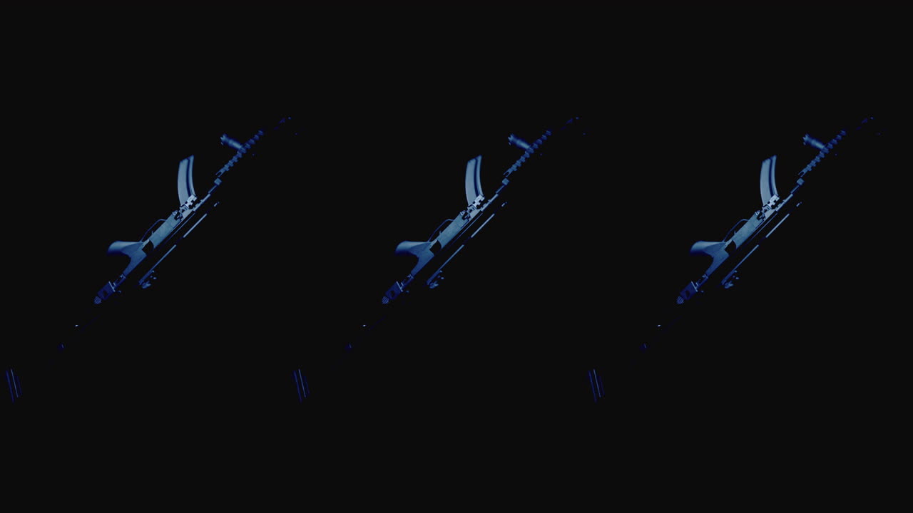 Machineguns on the dark background and in blinking red and blue light rotate in slowmotion
