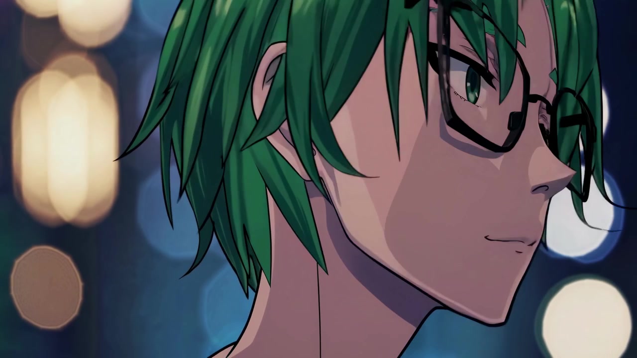Personaje de anime pensativo con cabello verde y gafas de noche