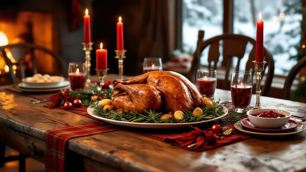 A festive holiday dinner table set with a roasted turkey, candles, and decorations