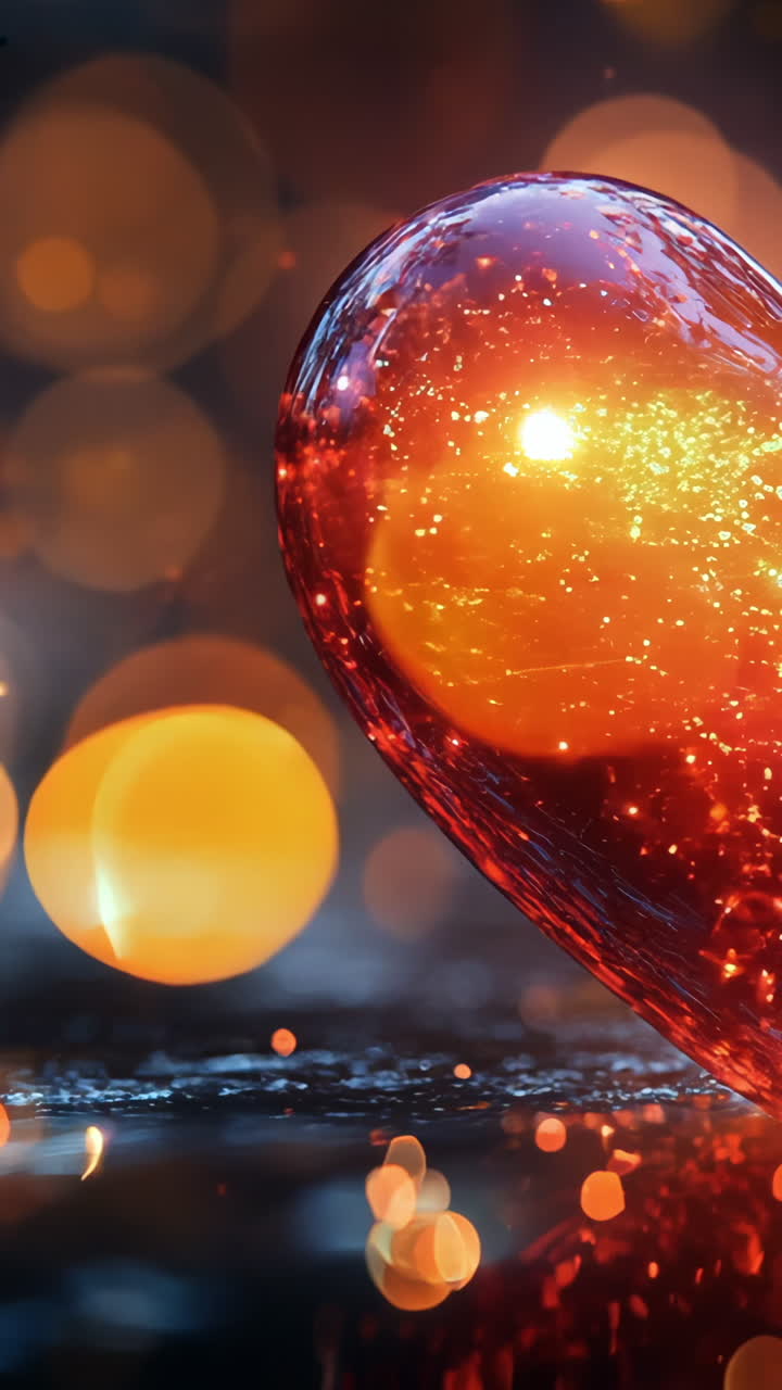A heart made of glass is lit up with a bright red glow. The heart is surrounded by a blurry background, giving the impression of a dreamy, ethereal atmosphere