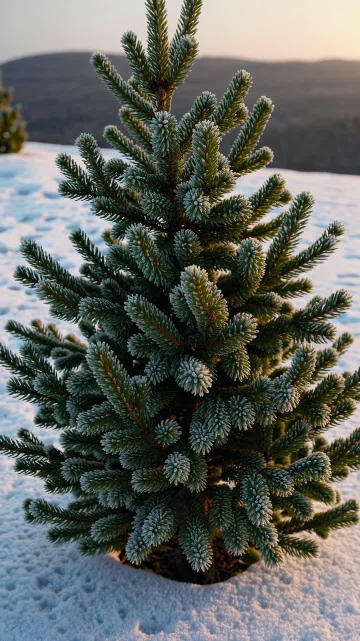 Et frostet furutre i et snødekt landskap ved soloppgang, fotografert fra en lav vinkel