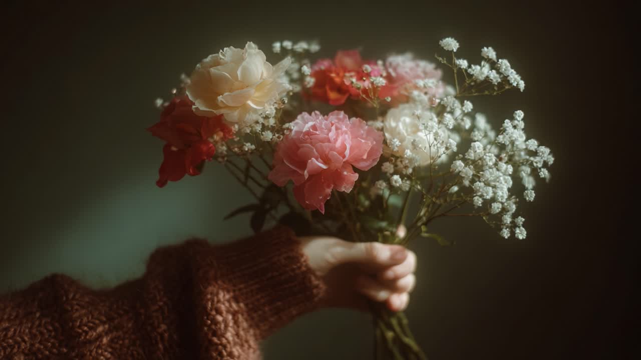A Beautiful Bouquet of Colorful Flowers Held Gently in a Cozy Setting, Capturing the Essence of Nature and Warmth in a Subtle and Dreamy Light