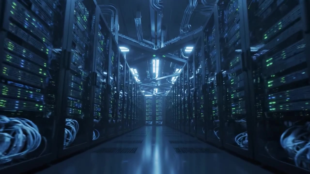 Udforskning af hjertet af moderne teknologi: Et indblik i et højteknologisk datacenter med rækker af servere oplyst af køligt blåt lys