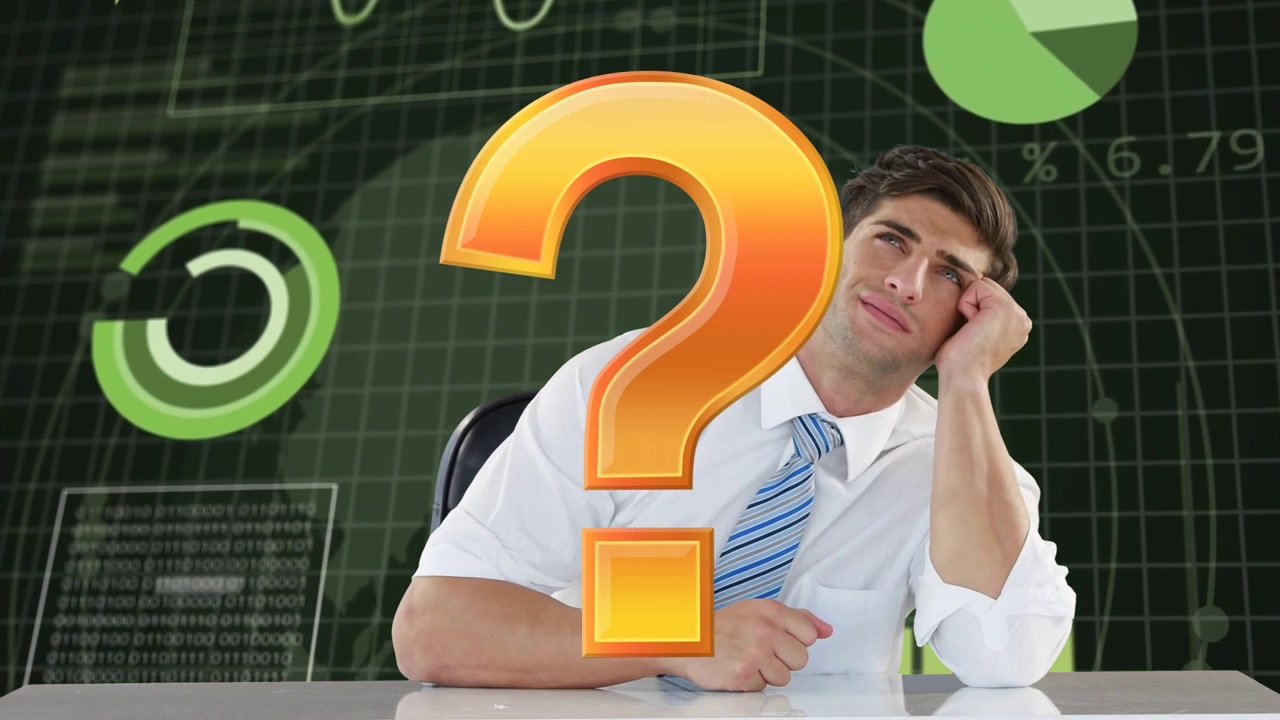 Male analyst leaning, fidgeting as orange ? sliding in covering face, seeking finance insight