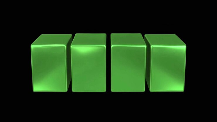 Four Green Metallic Cubes Rotating and Stacking on Black Background