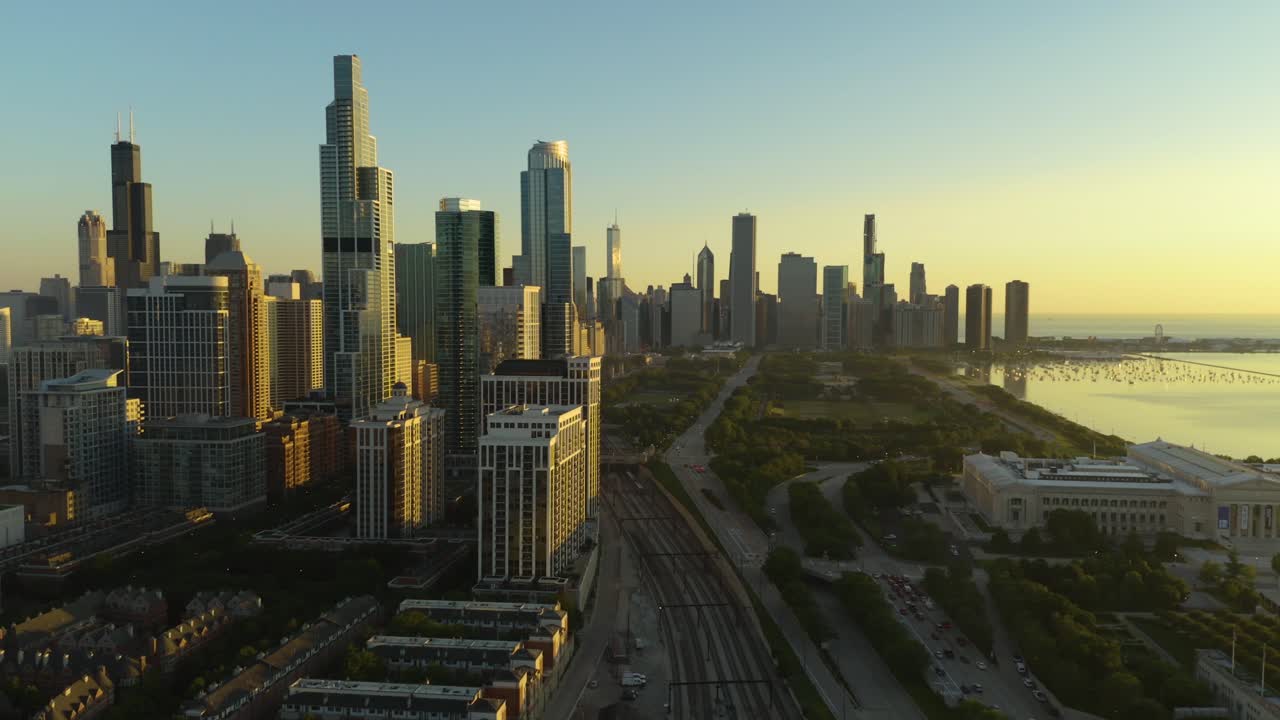 Aerial, Beautiful Chicago Skyline from South Loop During Summer Sunrise