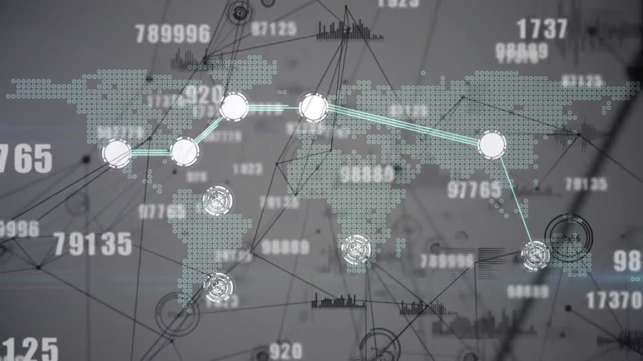 연결 네트워크, 세계 지도 및 데이터 처리의 애니메이션이  ⁇  배경에 있습니다.