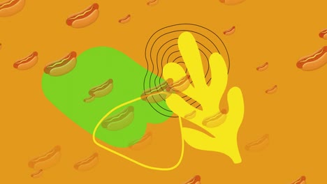 animación de hotdogs que caen con formas amarillas y verdes y líneas de contorno en fondo amarillo