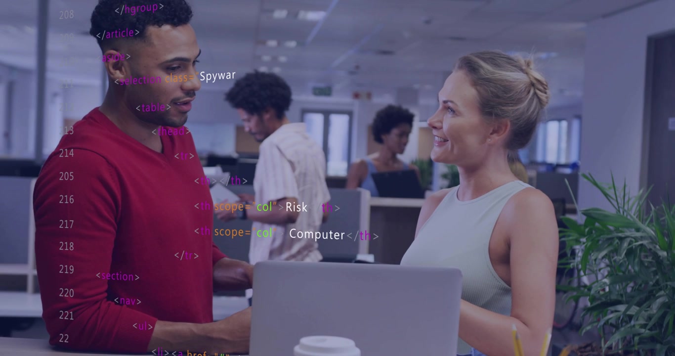 Man greeting woman and glancing at laptop, discussing cybersecurity with code overlay intensifying