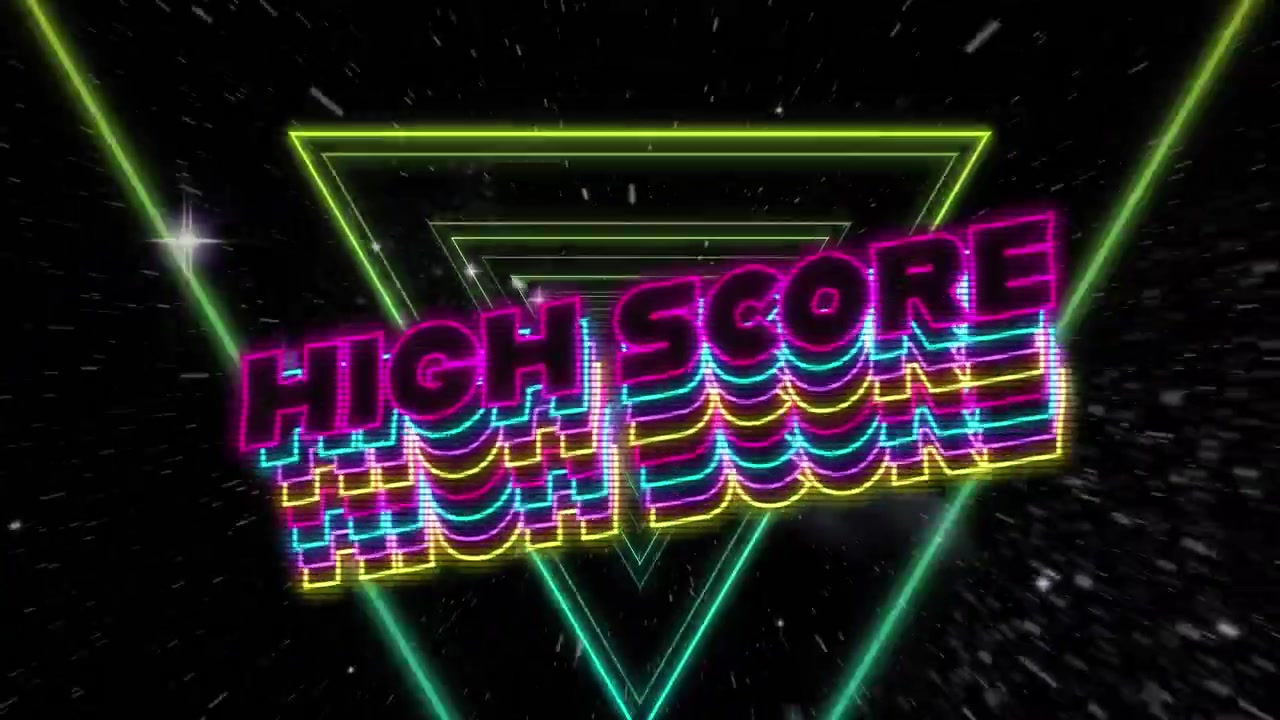 Animazione di testi 'high score' su tunnel triangolare su bagliori dell'obiettivo nello spazio sullo sfondo