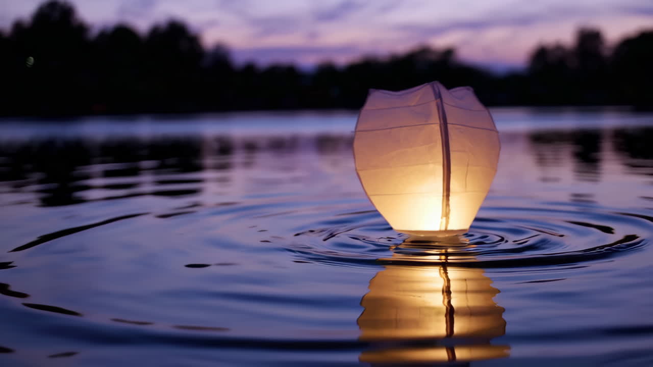 Floating Lantern on a Calm Lake at Sunset