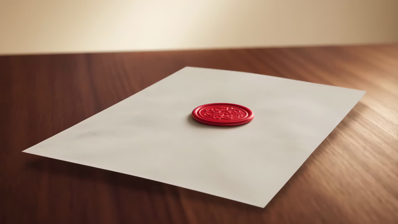 A blank document with a red wax seal on a wooden table