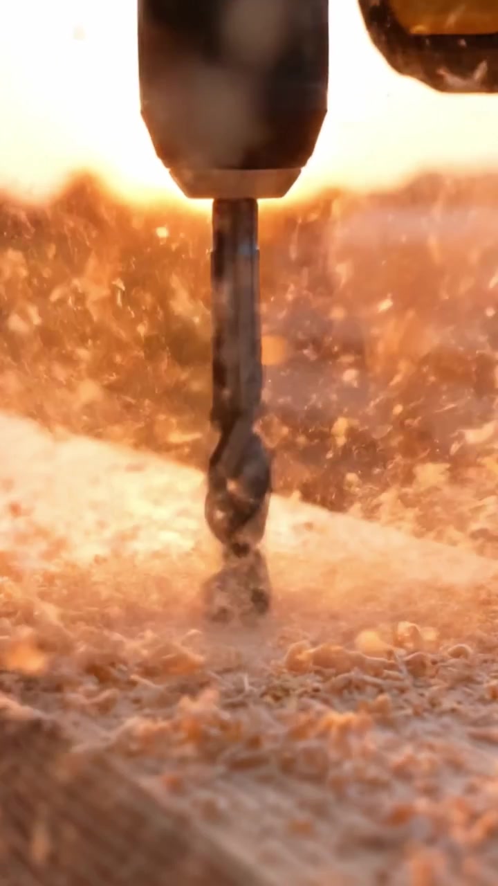 Eine Nahaufnahme eines leistungsstarken Bohrers, der während eines DIY-Projekts bei Sonnenuntergang in Holzmaterial eindringt und Präzision und Handwerkskunst demonstriert.