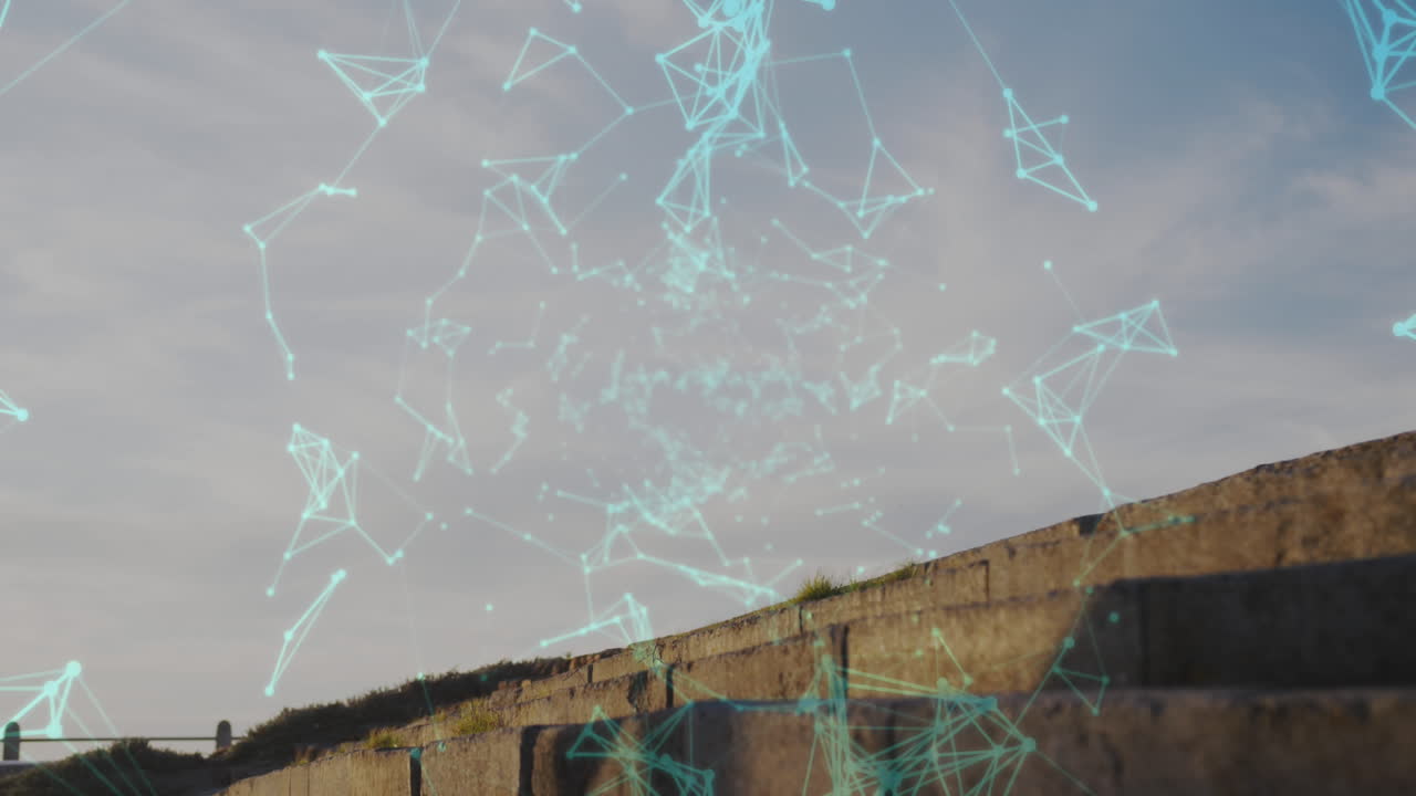 Animation of multiple shapes floating over woman jogging on promenade by the sea