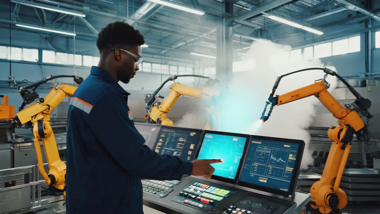 Automated Manufacturing Facility with Robotic Arms and Control Panel