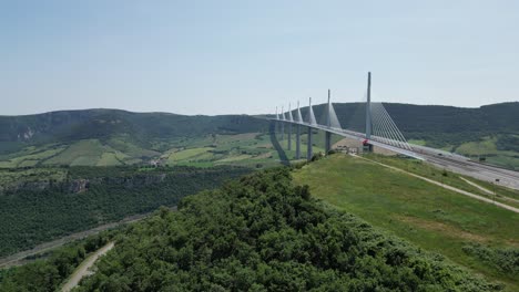 rising drone , aerial , view from air millau viaduct, cable-stayed bridge france dr