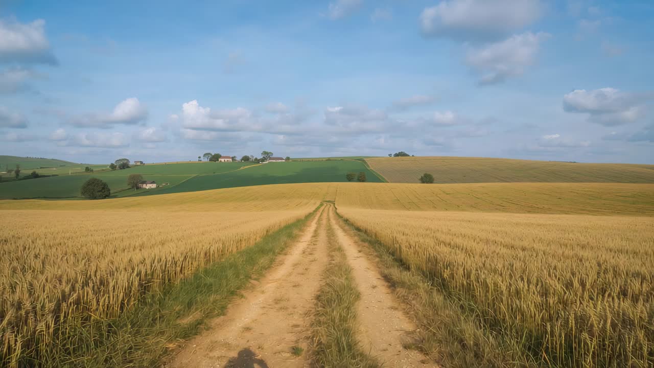 Starting recording, shadowed operator walking dirt track through golden wheat, filming farm ridge