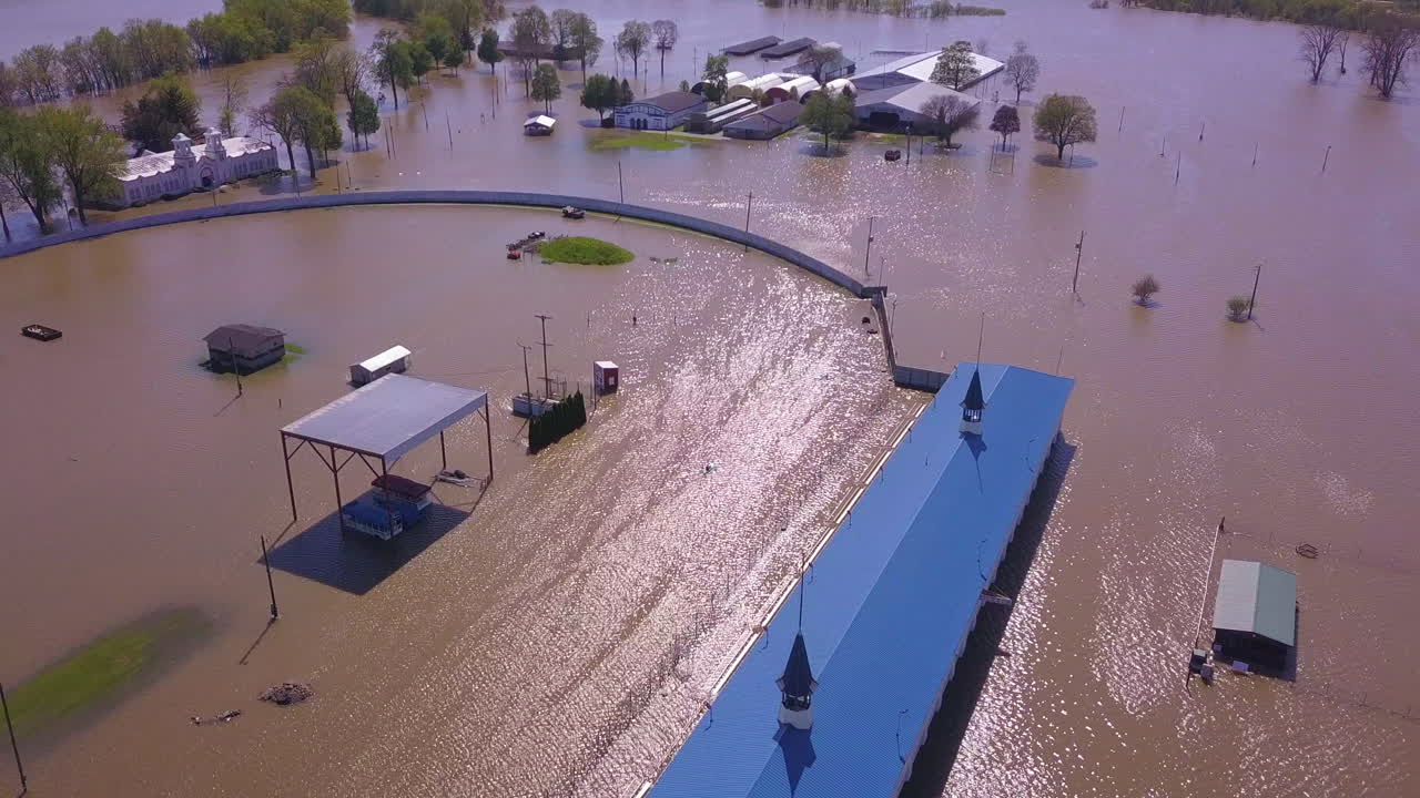 Aerial view of flooded County Fair area and race track in Ionia, Michigan