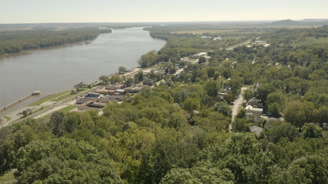 Beautiful aerial footage of a small town along the Mississippi River. 4K footage