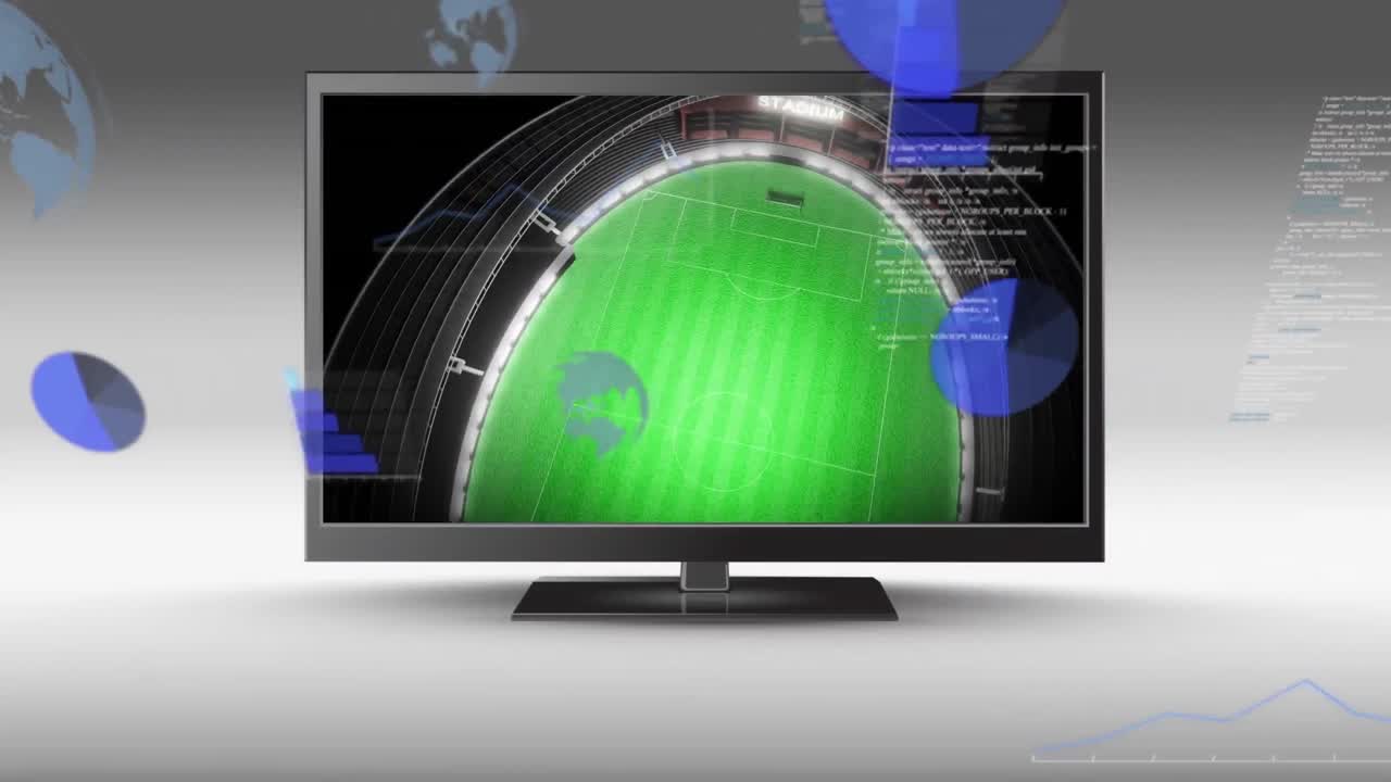 Animazione di elaborazione di dati finanziari su stadio sportivo su schermo di computer