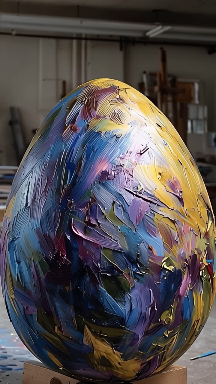 Et levende kunstnerisk æg med et kalejdoskop af farver, tekstur og dybde, skabt af en talentfuld kunstner i et studiemiljø.