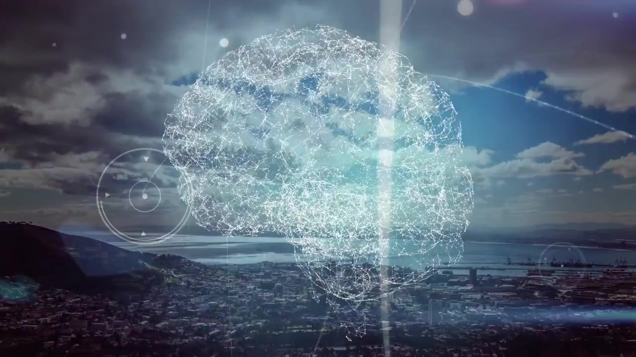 Animazione di un cervello e di una rete di comunicazione che si muovono sopra un paesaggio urbano costiero.