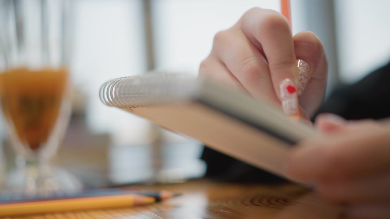 Close-up side view shows hand with painted nails moving between pen on notebook and smartphone tap, with finger blur, active note taking, and focused desk workflow in warm light, with hand, writing