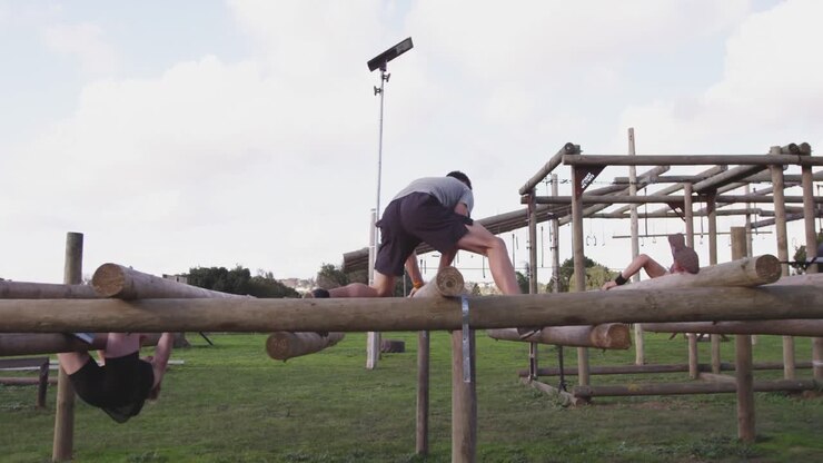 Young adults training at an outdoor gym bootcamp