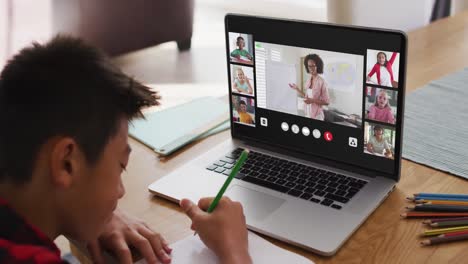 schoolboy using laptop for online lesson at home, with diverse teacher and class on screen