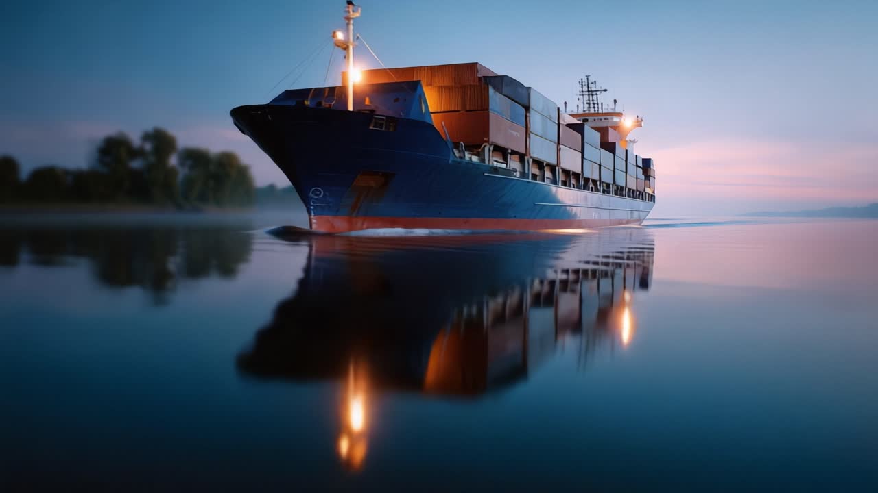 Et majestætisk fragtskib navigerer gennem roligt vand ved daggry og reflekterer sin silhuet og lys mod naturens og den blå himmels fredfyldte baggrund.