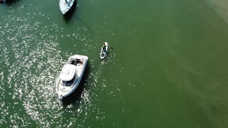 birds eye view of paddle boarders having fun on a sunny morning in the south of england