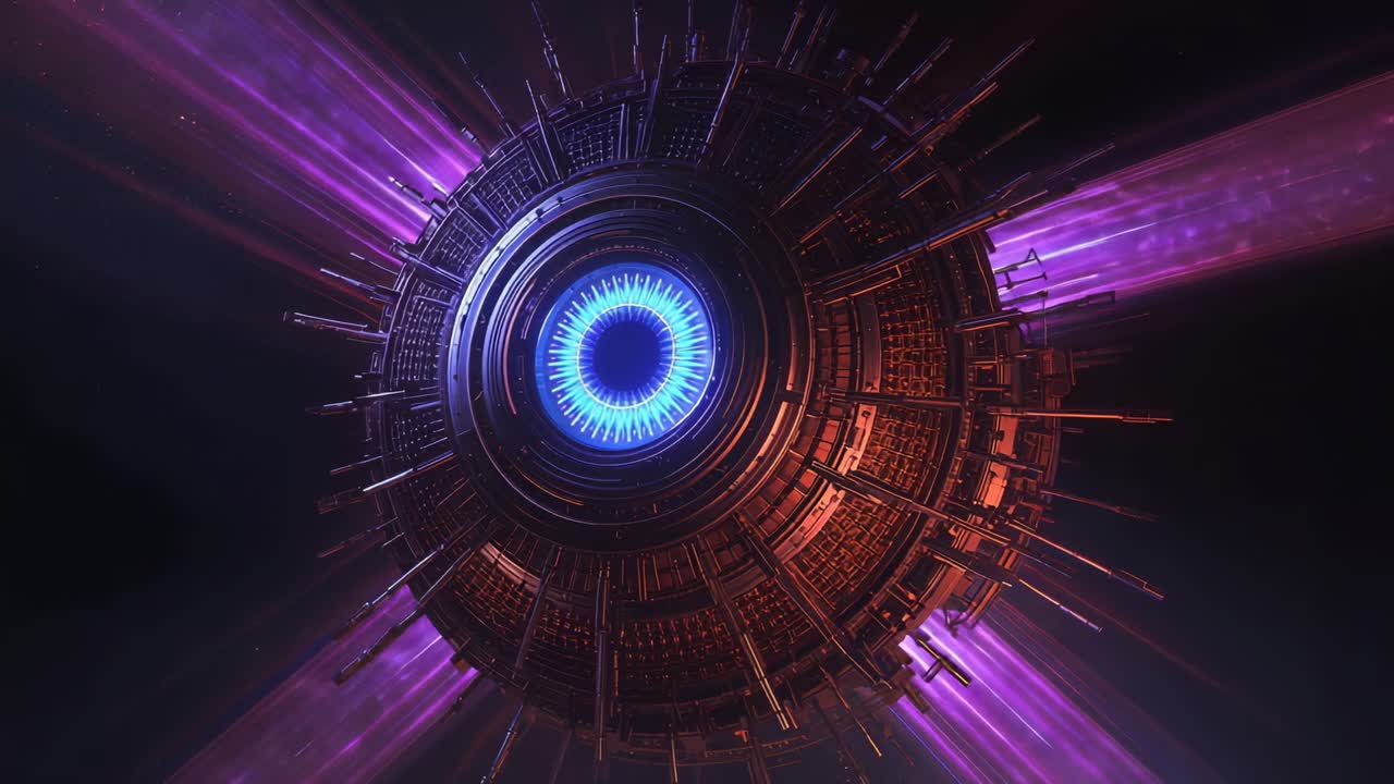 Reacting to pulsing purple beams, ringed structure rotating in space, with glowing core and spines