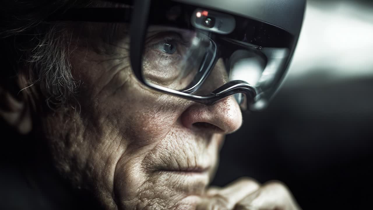 An Introspective Elderly Man Adorned with Innovative Smart Glasses, Delving into the Depths of Thought and Reflection, Captured in a Moment of Contemplation Amidst Advanced Technology
