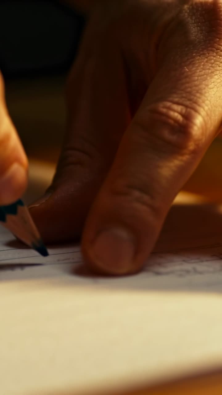 Verticale video: Tekenende hand die potlood leidt met vinger rustend op papier aan bureau, lijn verfijnend