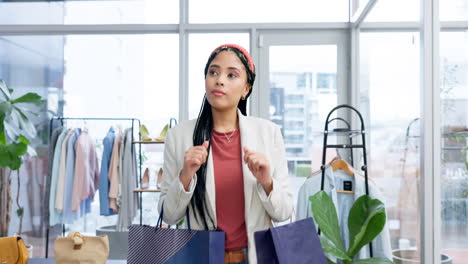 shopping bag, boutique and a woman with a smile