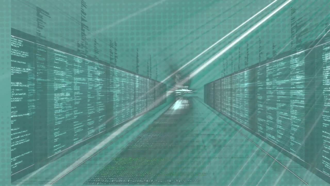 Digital animation of light trails over screens with data processing against green background