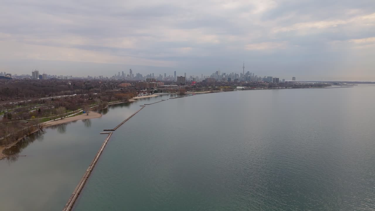 Tranquil View Of Beaches Along Downtown Toronto Skyline In Ontario, Canada. Aerial Drone Shot