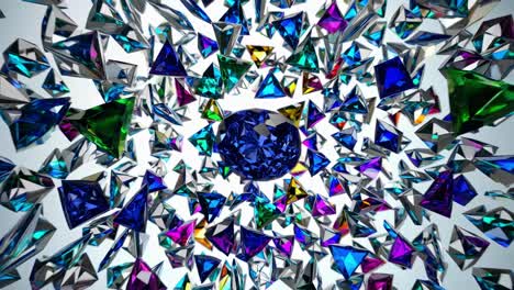 colorful gemstones of various shapes and sizes explode and swirl, creating a mesmerizing kaleidoscope effect, with a large, deep blue gem at the center, against a soft white background