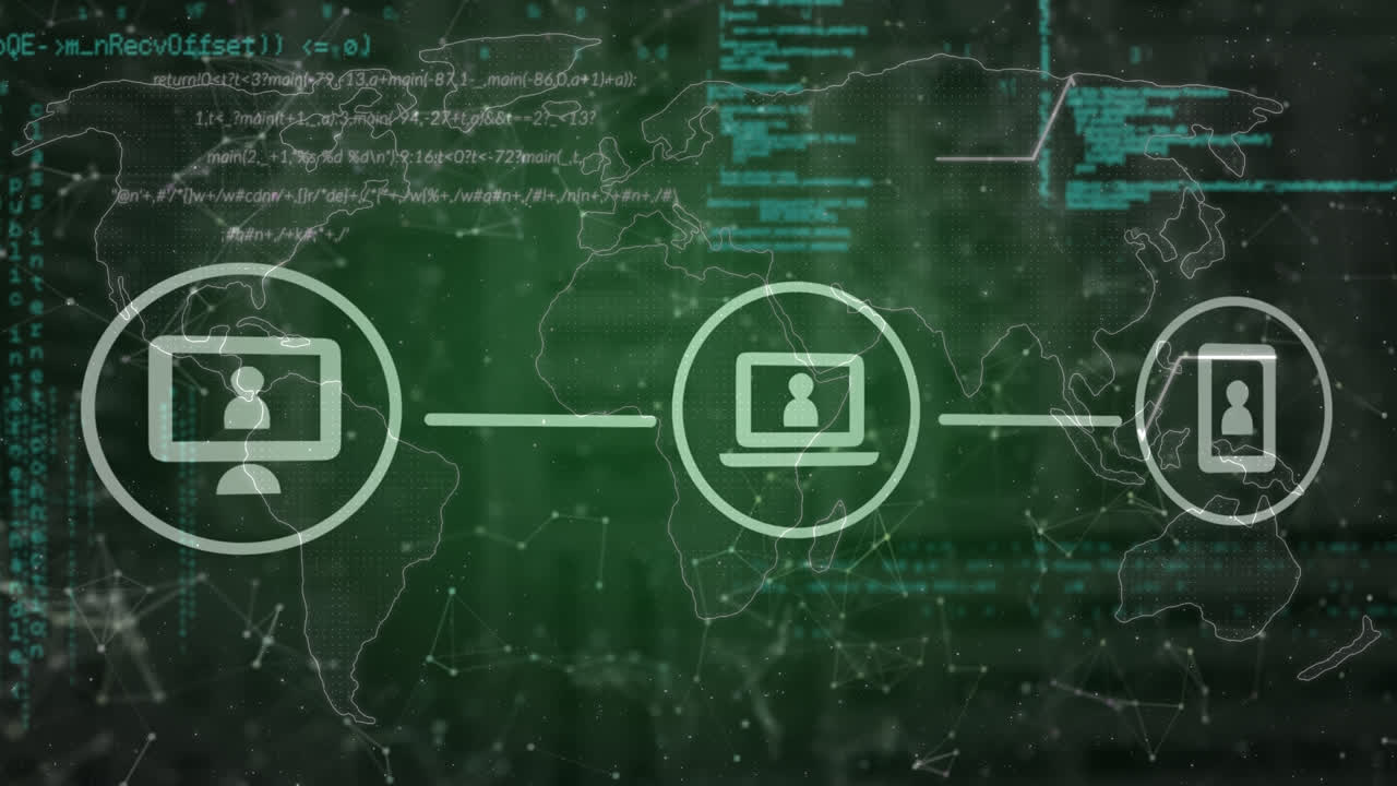 animación del procesamiento de datos con iconos sobre el mapa del mundo