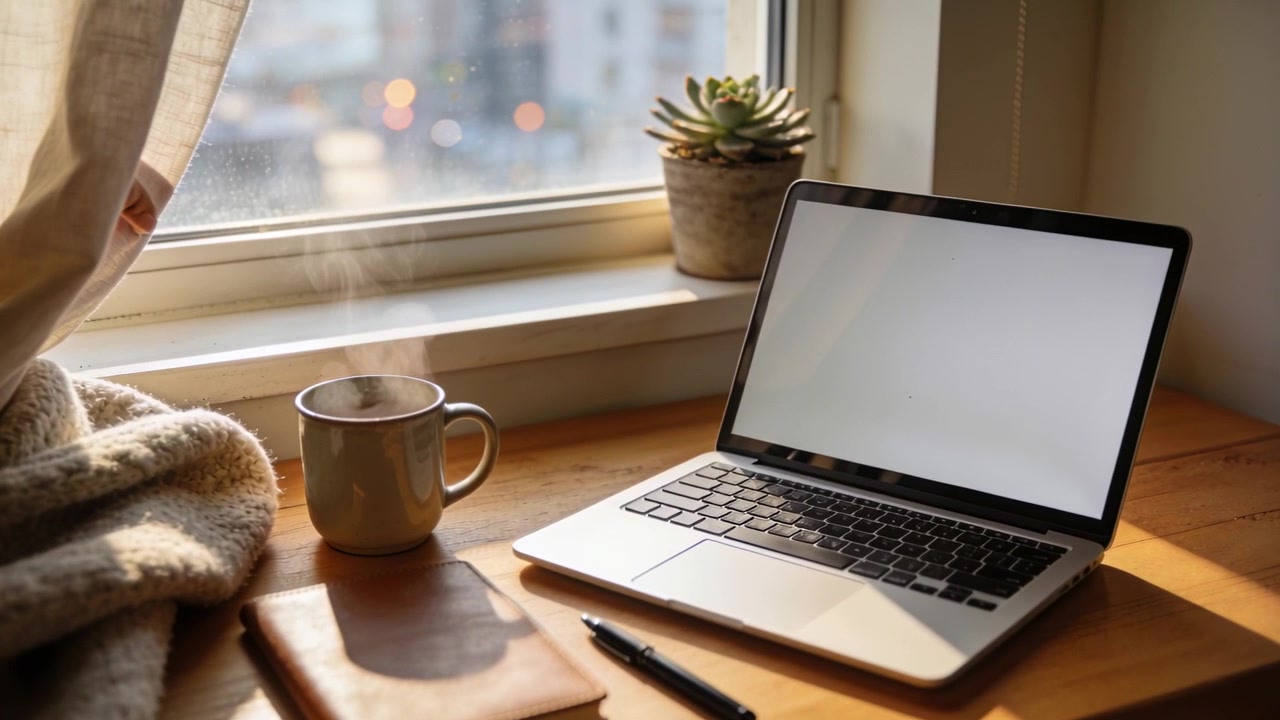 Laptop che si illumina, luce solare che fa salire il vapore da una tazza su una scrivania vicino alla finestra, coperta
